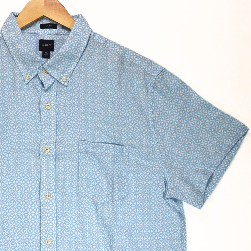 J.Crew Mens XL Shirt Blue Geometric Linen Cotton Slim Short Sleeve Button Down